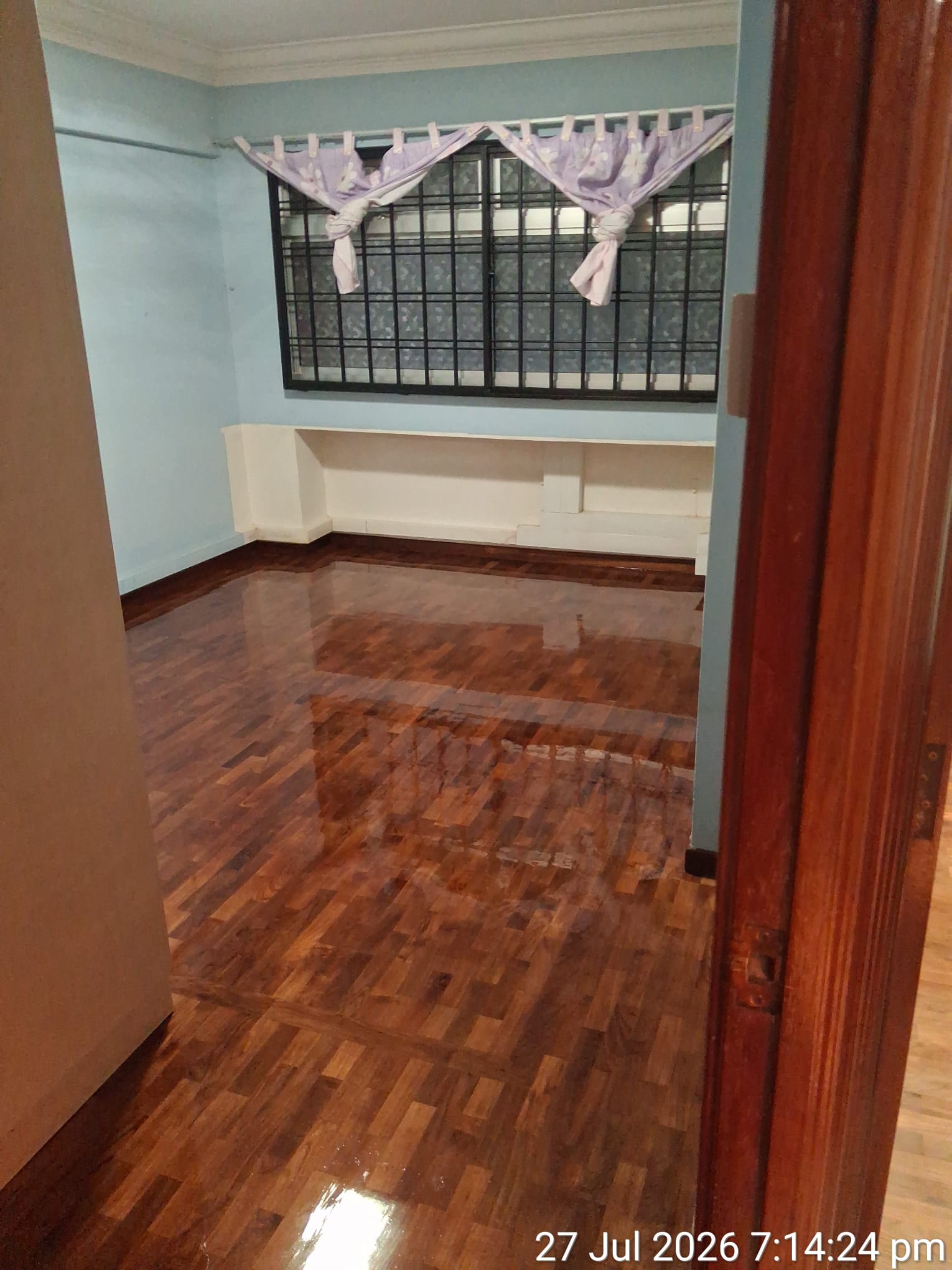 Wood flooring after swollen water damage repair